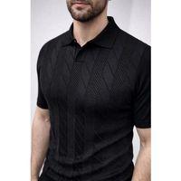 Erkek Yazlık Triko Dokuma Tişört Kısa Kol Polo Yaka T-Shirt - Siyah