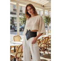 Siyah Kadın Kemer Zımba Detaylı Geniş Korse Bel Aksesuarı - Brf1087