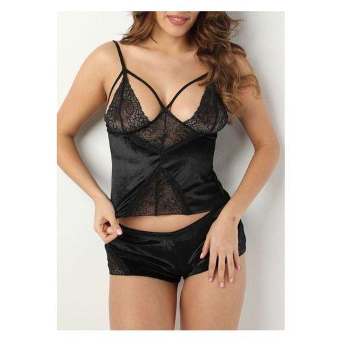 Siyah Kadife Dantelli Sabahlık & Gecelik Takım 3' Lü - 1399