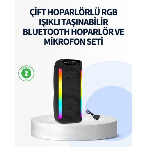 Rgb Işıklı Çift Hoparlörlü Taşınabilir Bluetooth Speaker Ve Mikrofon
