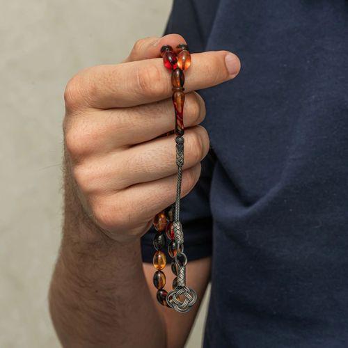 Gümüş Karışık Renk Kazaz Püsküllü Sıkma Kehribar Tesbih