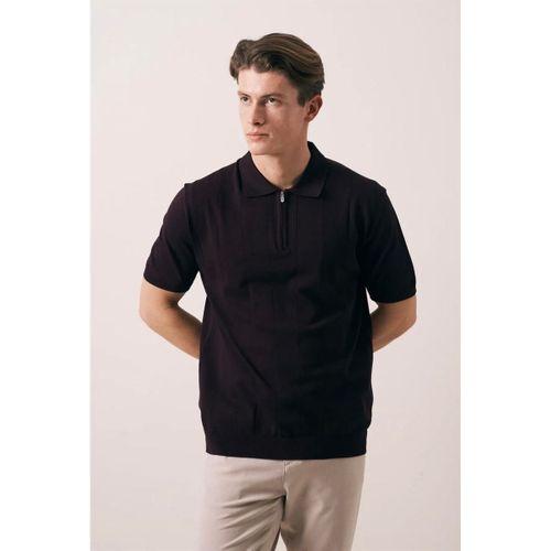 Ritchie Fermuarlı Polo Yaka Dikey Çizgili Kısa Kollu İnce Triko Erkek T-Shirt - Bordo