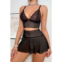 Kadın Siyah Dantel Ve Tül Detaylı Etekli Şık Gecelik Takımı