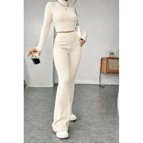 Kadın Ekru Fitilli Crop Uzun Kollu Üst Paça Pantolon Eşofman Takımı Şık 2’li Set