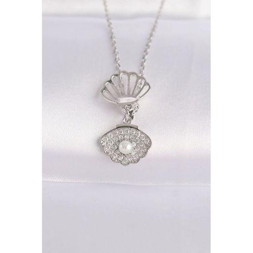 316L Çelik Zincir Gümüş Renk Zirkon Taşlı İnci Detay İstiridye Kolye