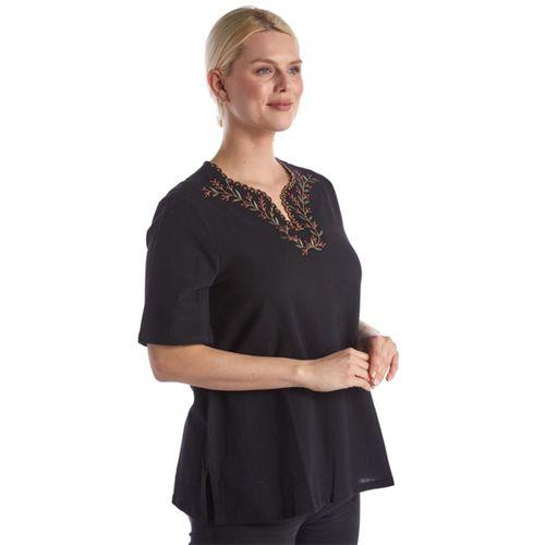 Şile Bezi Kısa Kol Siyah Nakışlı V Yaka Yazlık Otantik Bluz