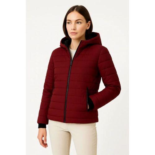 Şişme Kapüşonlu Fermuarlı Mont Su Itici Kapitone Astarlı Kumaş Cepli Kışlık Rahat Kalıp - Bordo