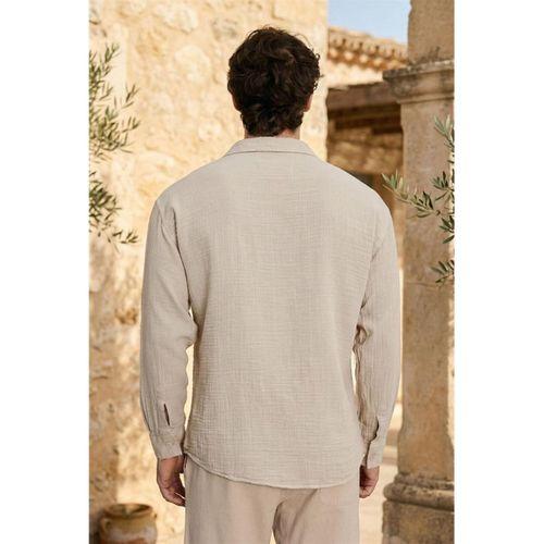 Apaş Yaka Oversize Müslin Kumaş Gömlek - Bej