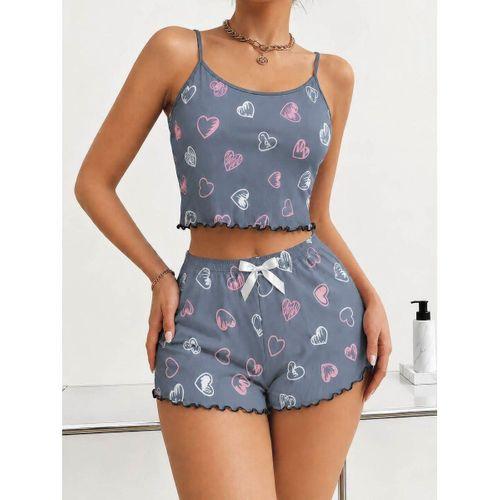 Kadın Gri Kalp Desenli Dantel Askılı Şortlu Pijama Takımı 5265