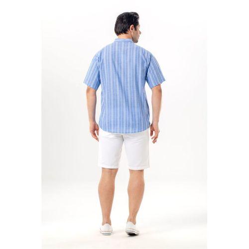 Kısa Kol Şile Bezi Tek Cepli Hakim Yaka Erkek Yazlık Tshirt Mavi Beyaz Çizgili 3019