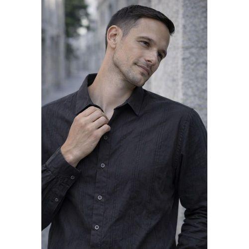 Proust Çizgili İnce Modal Kumaş Uzun Kollu Yazlık Erkek Gömlek - Siyah