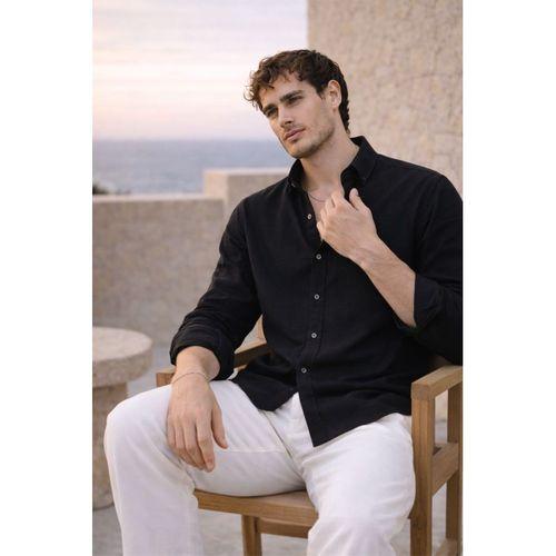 Scott – Soft Dokulu Yarım Oversize Modern Keten Görünümlü Erkek Gömlek - Siyah