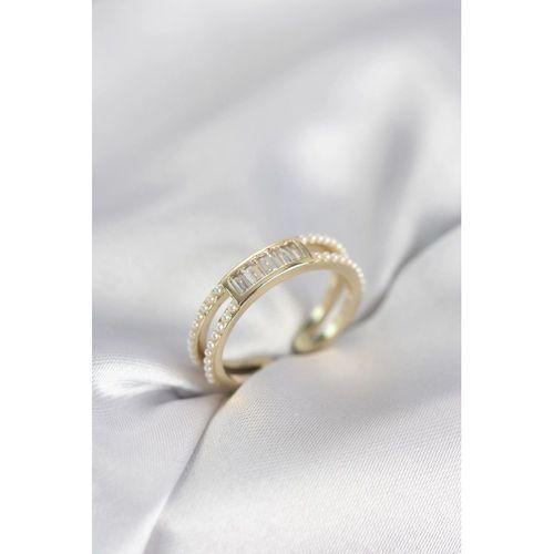 Baget Zirkon Taşlı Gold Renk İncili Kadın Yüzük