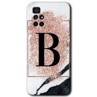 MRCİLETİSİM Xiaomi Redmi 10 Kılıf HD Desen Baskılı Arka Kapak + Temperli Cam - Pembe Mermer Desenli B Harfi