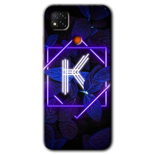 Xiaomi Redmi 9c Kılıf HD Desen Baskılı Arka Kapak + Temperli Cam - Dark Neon Yaprak K Harfi
