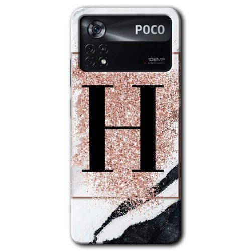 Poco x4 Pro Kılıf HD Desen Baskılı Arka Kapak - Pembe Mermer Desenli H Harfi