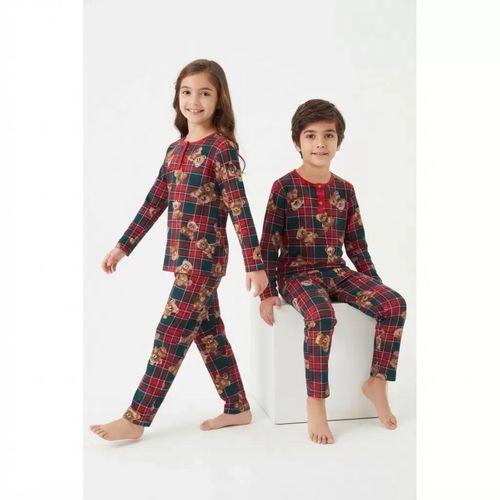 6/14 Yaş Ekose Ayıcık Baskılı Pamuk Penye Çocuk Pijama Takımı