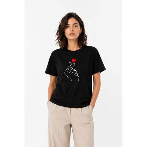 Kore Parmak Kalp Aşk Temalı Minimal Baskılı Tişört Yazlık Kısa Kol T-Shirt - Siyah