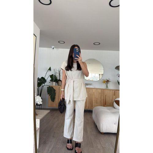 Kadın Omuz Detay Kuşak Dahil Bluz Ve Pantolon Keten Kumaş Ikili Takım