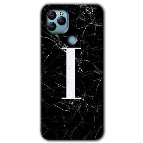 General Mobile GM 22 Plus Kılıf HD Desen Baskı Arka Kapak+Temperli Cam-Siyah Mermer Desenli İ Harfi