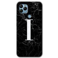 General Mobile GM 22 Plus Kılıf HD Desen Baskı Arka Kapak+Temperli Cam-Siyah Mermer Desenli İ Harfi