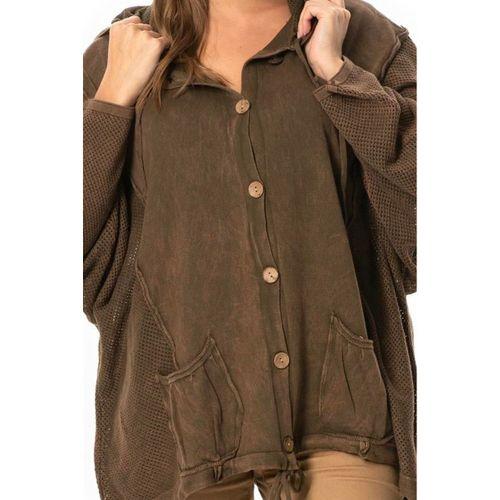 Uzun Kol Ceren Fileli Düğme Detaylı Çift Cepli Kışlık Kapüşonlu Triko Bluz Kahve Khv