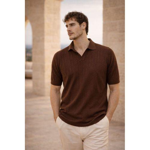 Nestor Saç Örgü Desenli Polo Yaka Regular Fit Örme İnce Triko Erkek T-Shirt - Kahve