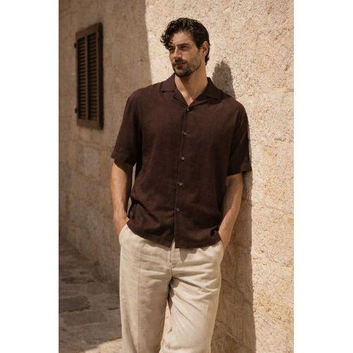 Doris Oversize Kalıp Odessa Kumaş Resort Yaka Kısa Kollu Erkek Gömlek - Kahve
