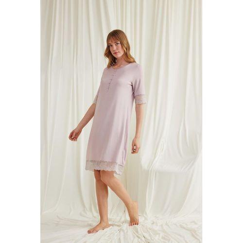 Dantel Detaylı Kısa Kollu Ve Önü Düğmeli Gecelik