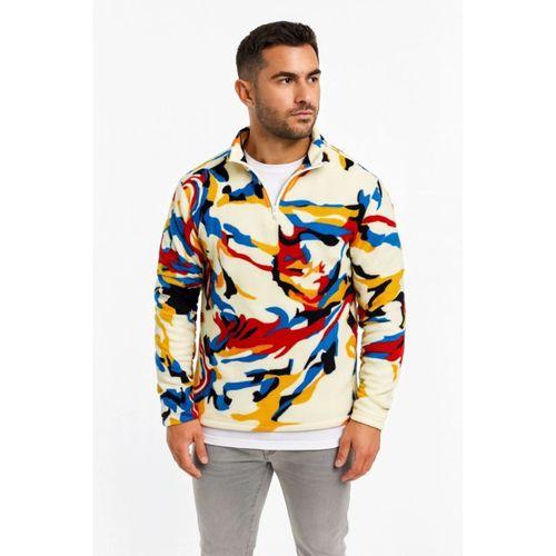 Erkek Yarım Fermuarlı Desenli Polar Sweat – Renkli Abstract Desen Yakalı, Uzun Kollu, Oversize Rahat Kalıp,  - Beyaz