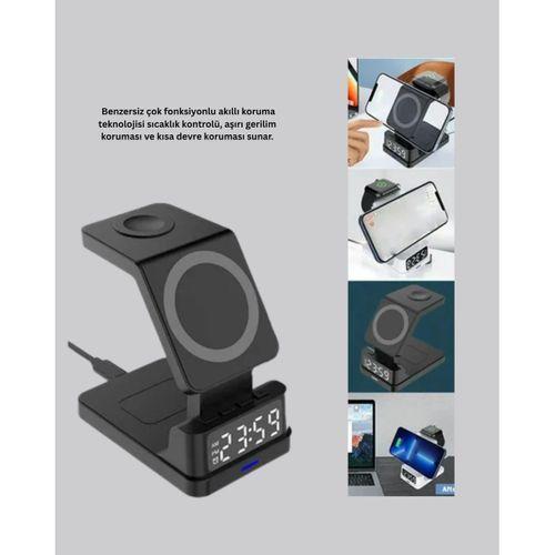 Kablosuz Şarj Cihazı Ve Dijital Saat – 4’ü 1 Arada Hızlı Şarj, Apple Uyumlu, Led Işıklı Tasarım