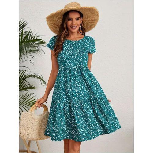 Kadın Kısa Kollu Bisiklet Yaka çiçek Desenli Süprem Elbise