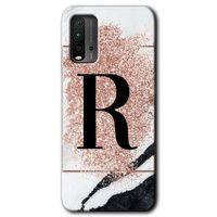 Xiaomi Redmi 9T Kılıf Baskılı Arka Kapak - Pembe Mermer Desenli R Harfi +Tam Ekran Koruyucu