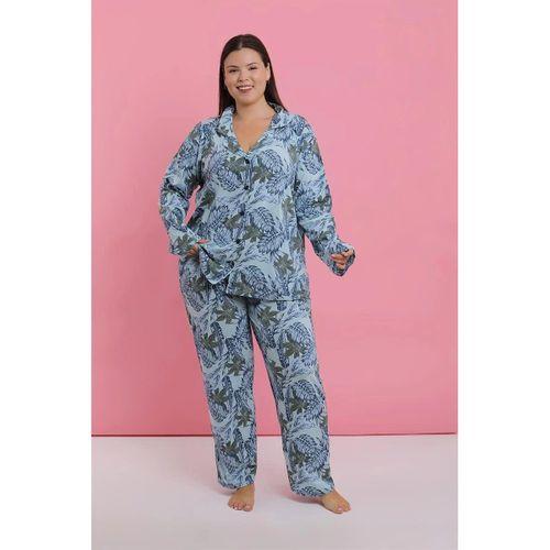 Kadın Büyük Beden Mavi Tropikal Desenli Düğmeli Pijama Takımı