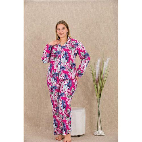 Büyük Beden Renkli Yaprak Desenli Düğmeli Uzun Kol Viskon Pijama Takımı