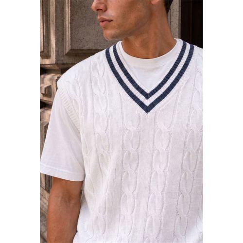 Oxford Relaxed Fit Şerit Yakalı Saç Örgülü V Yaka Erkek Triko Süveter - Beyaz