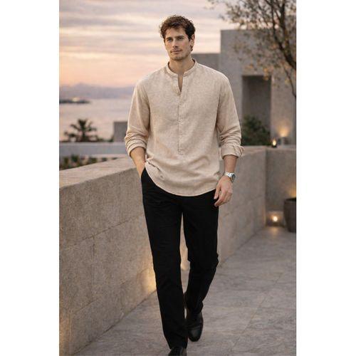 Hafif ve Nefes Alabilir Erkek Müslin Yarım Pat Hakim Yaka Oversize Gömlek- Açık Bej