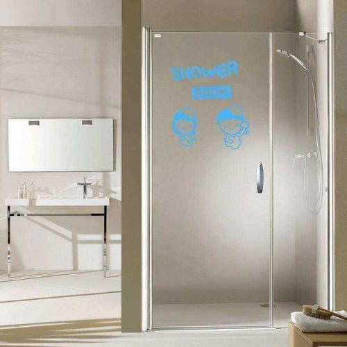 Shower Room Yazılı Kız Ve Erkek Çocuk Silüeti Dekoratif Banyo Duvar Sticker, Çıkartma, Etiket Mavi