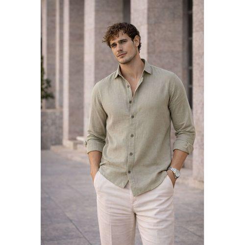 Nefes Alabilir Yarım Oversize Müslin Kumaş Uzun Kol Yakalı Erkek Gömlek - Açık Haki