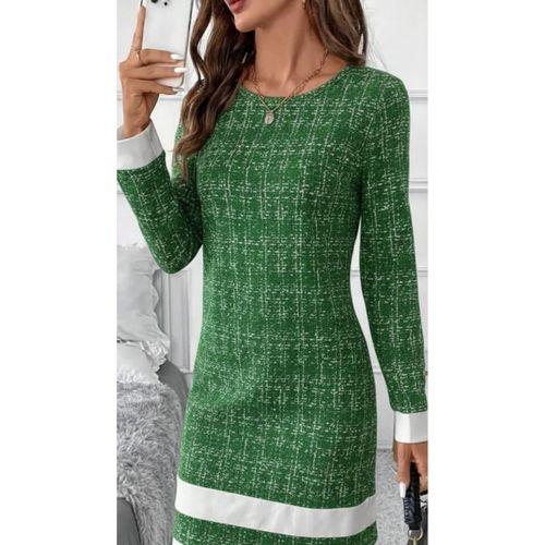 Kadın Uzun Kollu Yuvarlak Yaka Etek Ucu şerit Detaylı Mini Dokuma Elbise