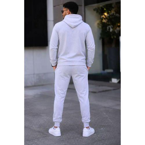 Erkek İki İplik Kapüşonlu Kanguru Cepli Sweatshirt Jogger Pantolon Alt Üst Eşofman Takımı -Beyaz