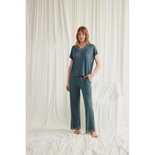 Kısa Kollu V Yakalı Dantelli Pijama Takımı