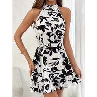 Kadın Omuzlardan Açık Balıkçı Yakalı Kuşaklı Desenli Kısa Süprem Elbise