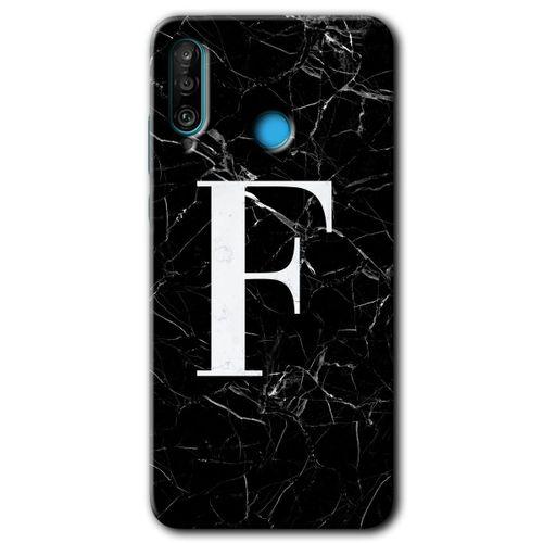 MRCİLETİSİM Huawei P30 Lite Kılıf Baskılı Kapak - Siyah Mermer Desenli F Harfi + 5D Tam Kaplayan Cam