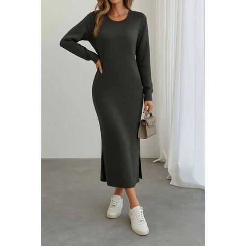 Kadın Uzun Kollu Bisiklet Yaka Yırtmaç Detay Triko Midi Boy Elbise