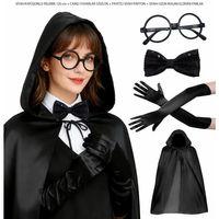 Siyah Kapüşonlu Büyücü Ve Cadı Pelerin Kostüm Seti (4 Parça)