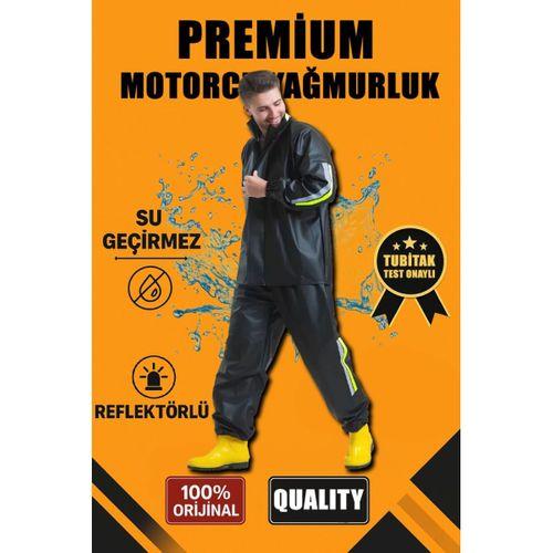 Premium Motorcu Kurye Yağmurluk Takım Su Geçirmez PVC Kumaş Reflektörlü TÜBİTAK Onaylı - Siyah
