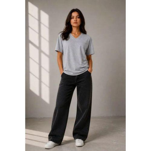 V Yaka Basic Tişört Kısa Kol Yazlık Regular Fit T-Shirt - Gri