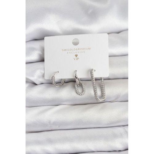 Gümüş Renk Zirkon Taşlı 3'lü Kadın Küpe Seti - TJ-BKP11450