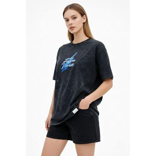 Asit Yıkamalı Oversize Tişört Future Worlds Baskılı Bisiklet Yaka Kısa Kollu Streetwear %100 Pamuk Street Style T-Shirt - Siyah
